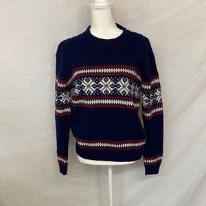 Vintage Navy Blue Patterned Crew Neck Sweater